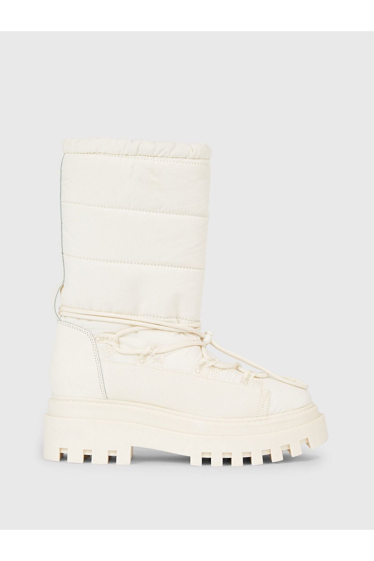 Calvin Klein - Kadın Logolu Uzun Boy Bağcıklı Su Geçirmez Kışlık Beyaz Bot & Bootie YW0YW01146-YBI